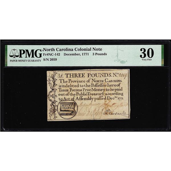 1771 North Carolina 3 Pounds Colonial Note NC-142 PMG Very Fine 30 Magna Charta