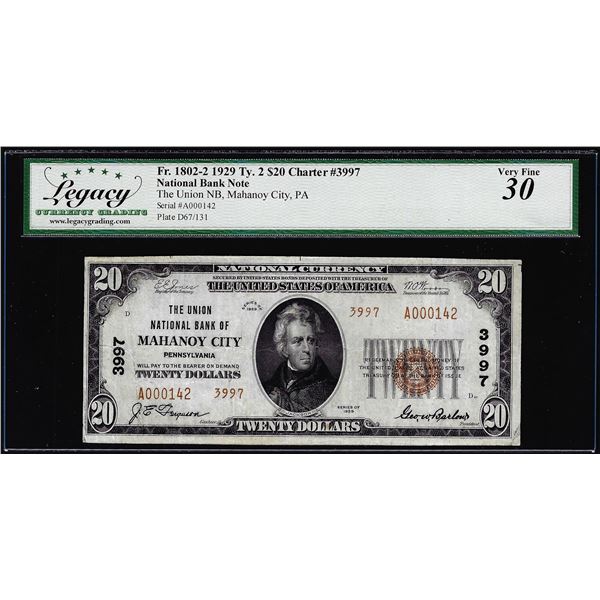 1929 $20 NB Mahanoy, PA CH# 3997 Fr.1801-1 National Currency Note Legacy Very Fine 30