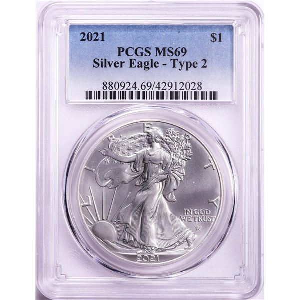 2021 Type 2 $1 American Silver Eagle Coin PCGS MS69