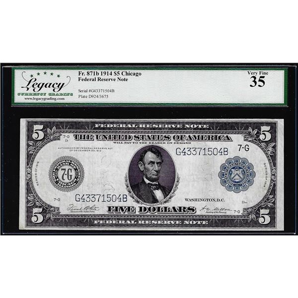 1914 $5 Federal Reserve Note Chicago Fr.871b Legacy Very Fine 35