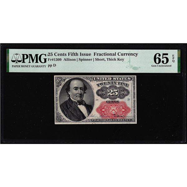 1874 Fifth Issue 25 Cents Fractional Currency Note Fr.1309 PMG Gem Uncirculated 65EPQ