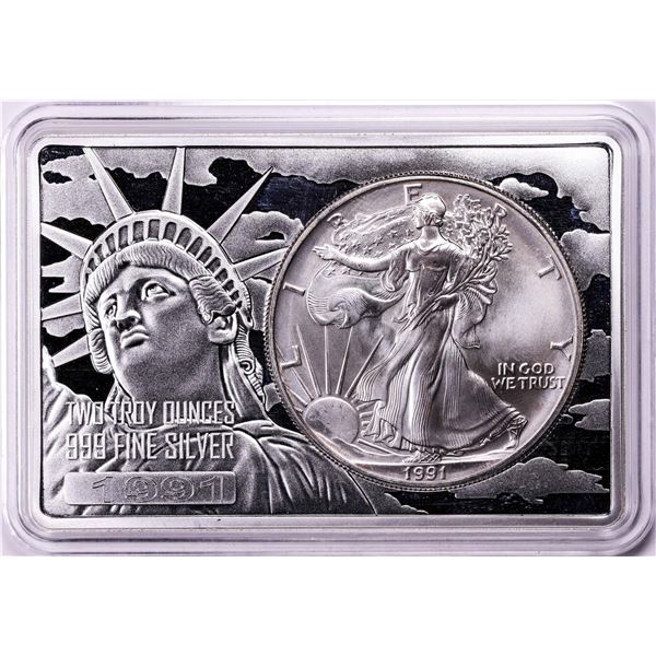 1991 $1 American Silver Eagle Coin & 2oz Silver Bar Set