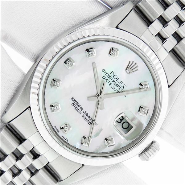 Rolex Men's Stainless Mother of Pearl Diamond Datejust Wristwatch