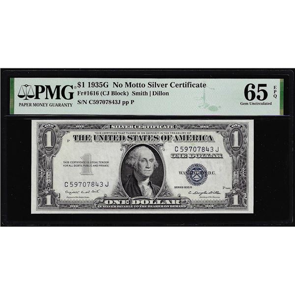 1935G No Motto $1 Silver Certificate Note Fr.1616 PMG Gem Uncirculated 65EPQ