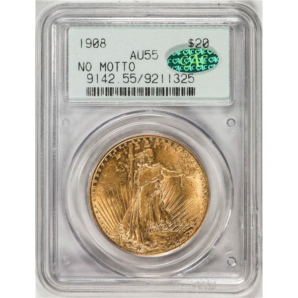 1908 No Motto $20 St. Gaudens Double Eagle Gold Coin PCGS AU55 CAC Old Green Label