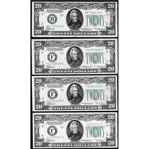 Lot of (4) 1934/A/B/C $20 Federal Reserve Notes