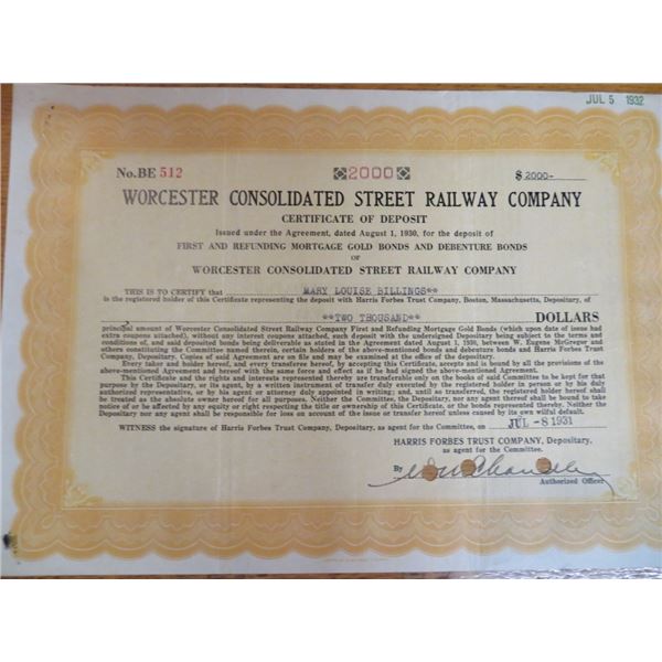 Worcester Street Railway Stock Certificate