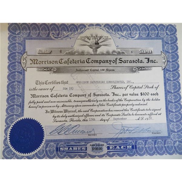 Morrison Cafeteria Stock Certificate