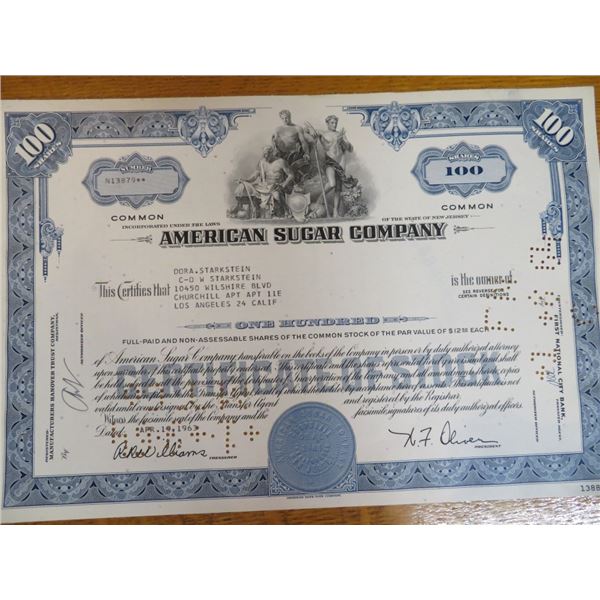 American Sugar Co. Stock Certificate