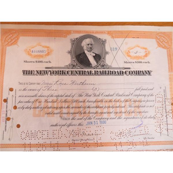 1930 NY Central R/R Stock Certificate