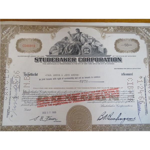 Famous Studebaker Stock Certificate