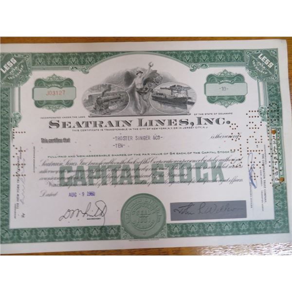 Seatrain Lines Stock Certificate Shp & Railroad