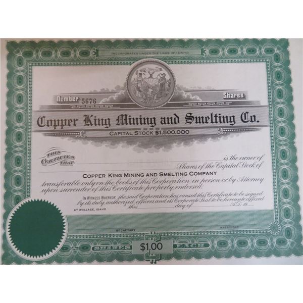 Famous Copper King Mining Stock Certificate