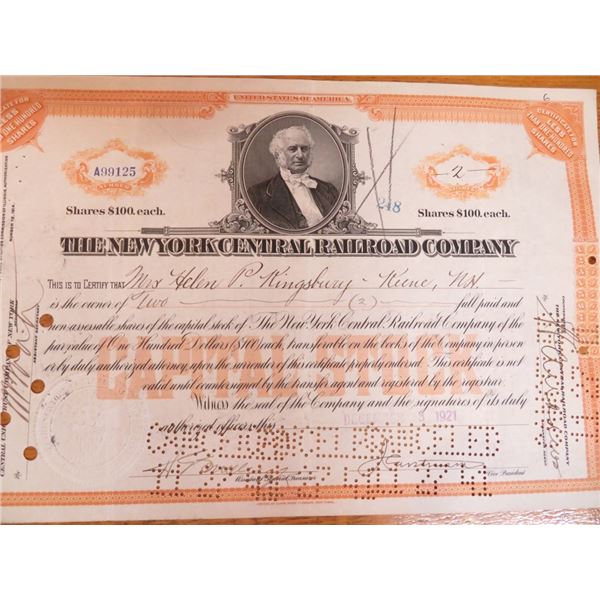 1921 NY Central Railroad Stock Certificate