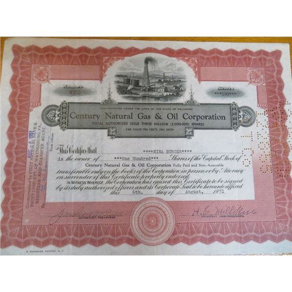 Century Natural Gas & Oil Stock Certificate
