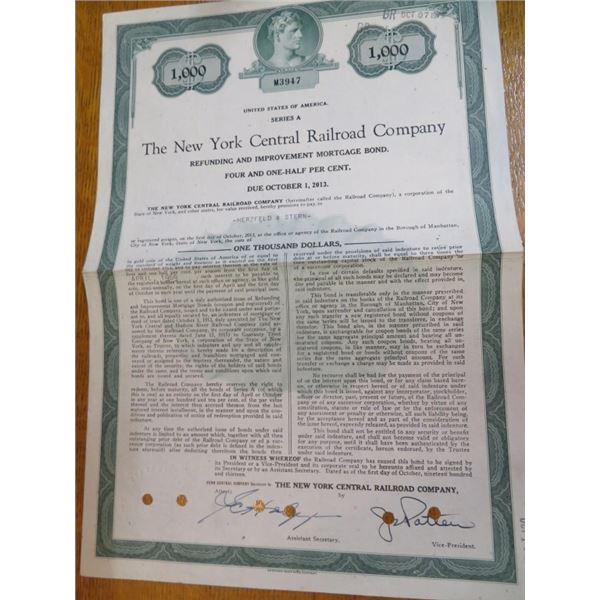 RARE NY Central Railroad LARGE Stock Cert