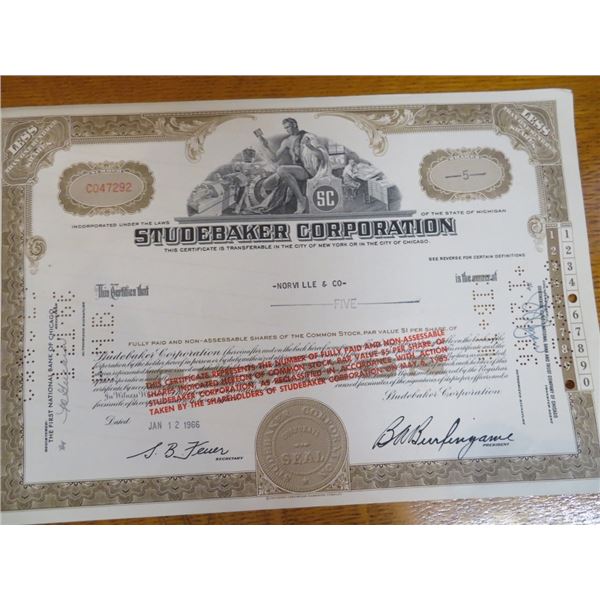 Famous Studebaker Stock Certificate