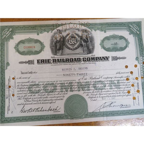 Erie Railroad Stock Certificate