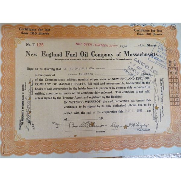 1925 New England Fuel Oil Stock Certificate