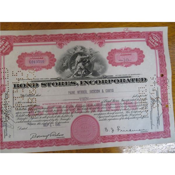 1945 Bond Stores Stock Certificate