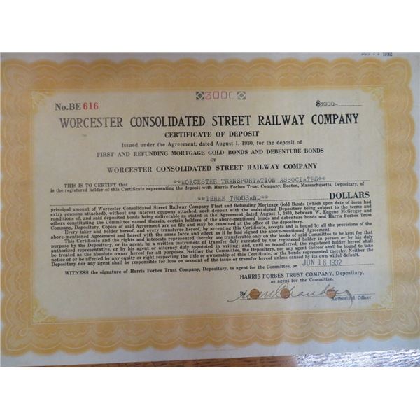 Worcester Railway Stock Certificate 1932