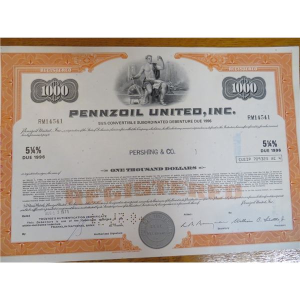 Famous Pennzoil United Stock Certificate