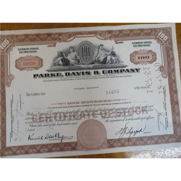 Parke,Davis & Company Stock Certificate