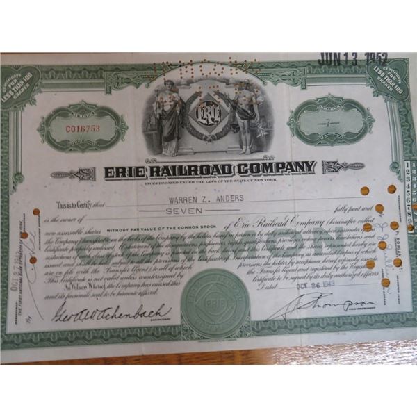 Erie Railroad Stock Certificate