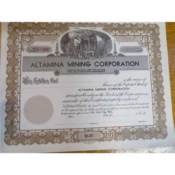 Altamina Mining Stock Certificate