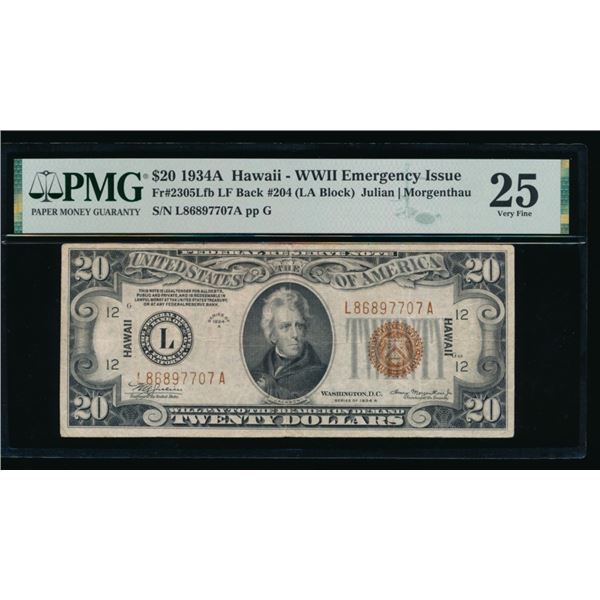 1934A $20 Hawaii FRN PMG 25