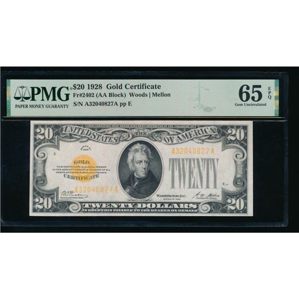 1928 $20 Gold Certificate PMG 65EPQ