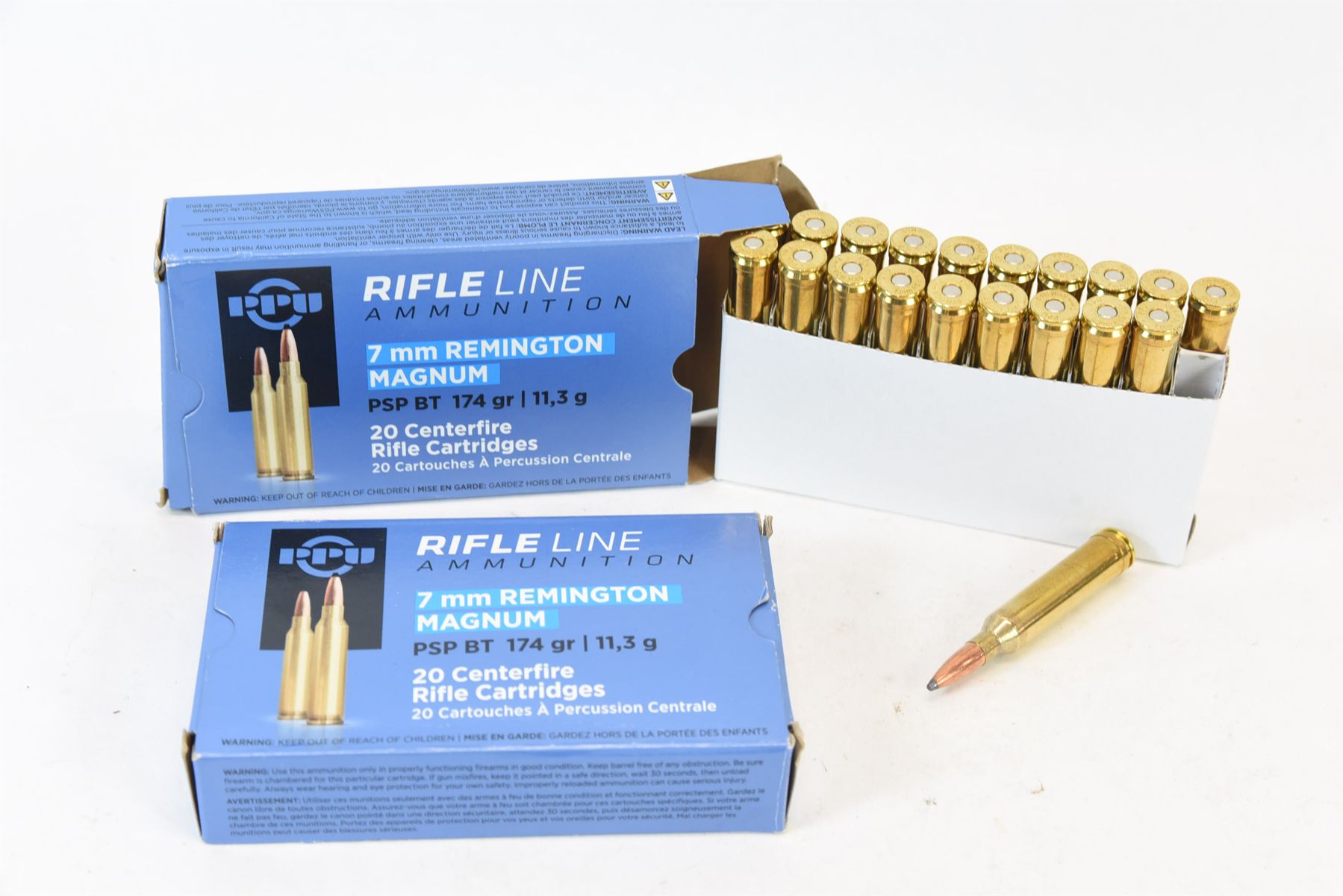 28 Rounds Rifle Line 7mm Rem Mag 174gr PSP Ammunition & 12 Spent Brass ...