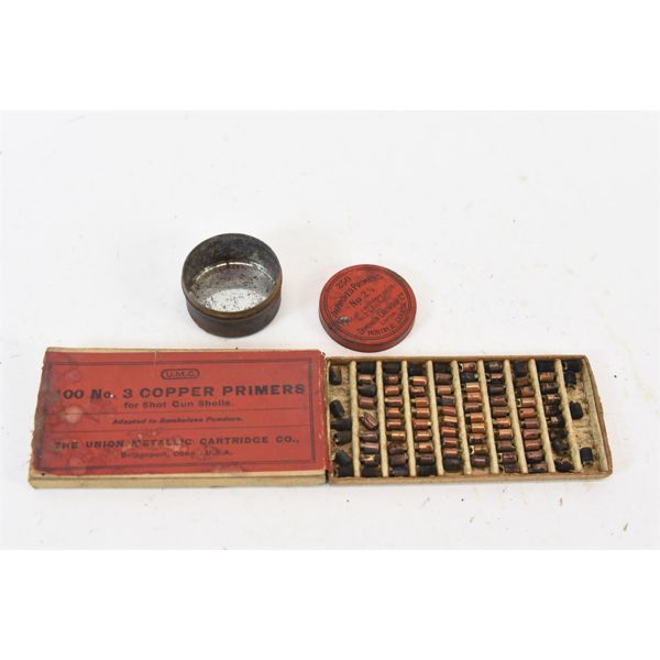 Copper Primer Dominion Cartridge No. 2 1/2 Primer Tin & UMC No. 3 Copper Primer Box w ...