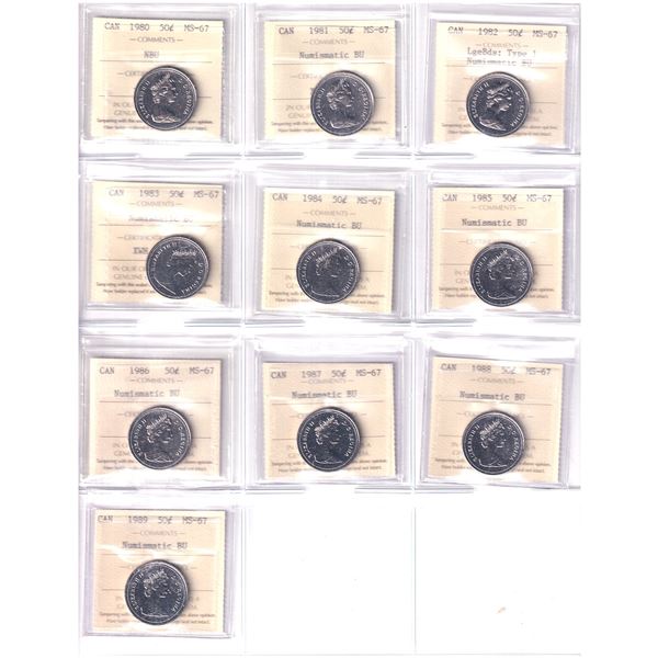 50-cent 1980, 1981, 1982 LgeBds-Type 1, 1983, 1984, 1985, 1986, 1987, 1988, 1989 ICCS Certified MS67