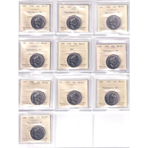50-cent 1990 to 1999 ICCS Certified, NBU. Most Coins MS67. 10pcs.