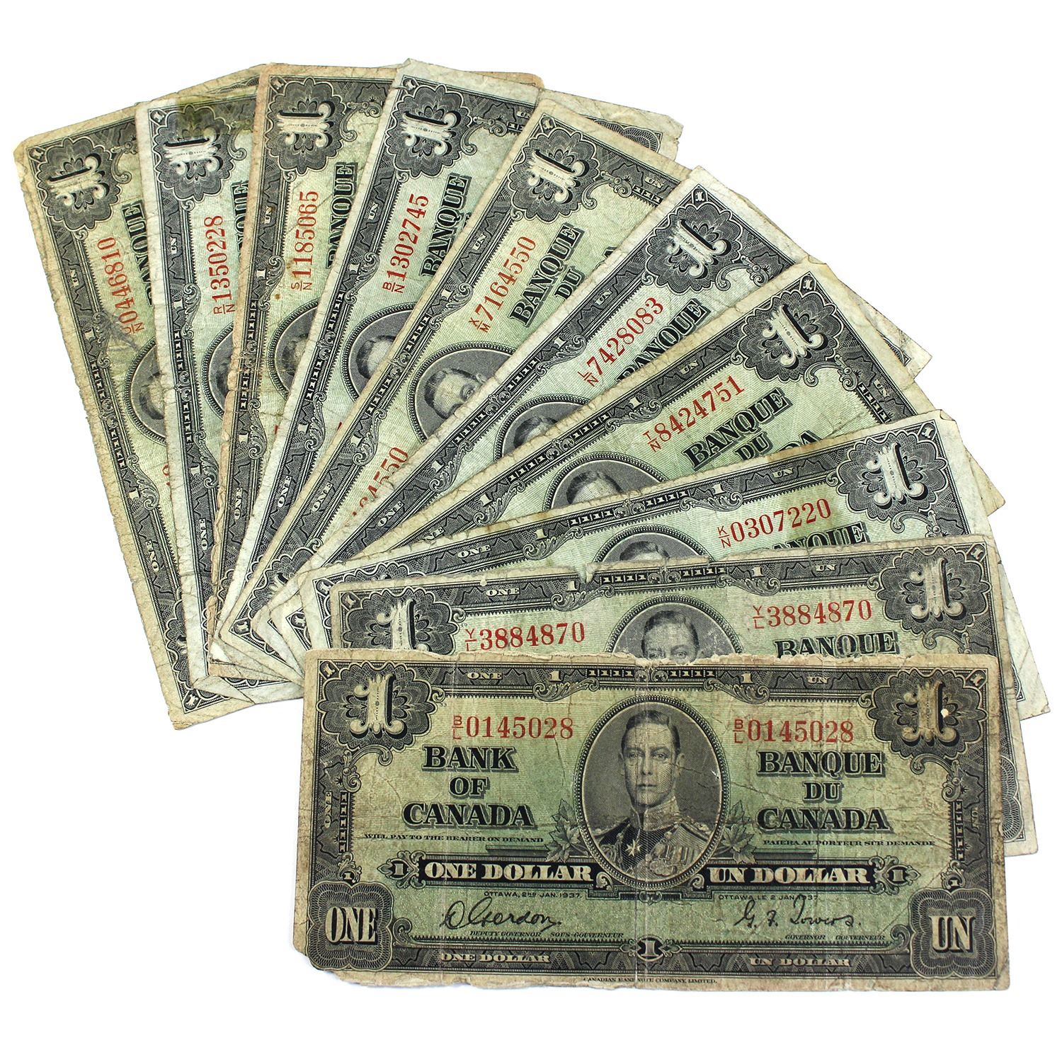 Lot of 10x 1937 Canada $1 Banknotes All Different Prefixes - 8x Coyne ...