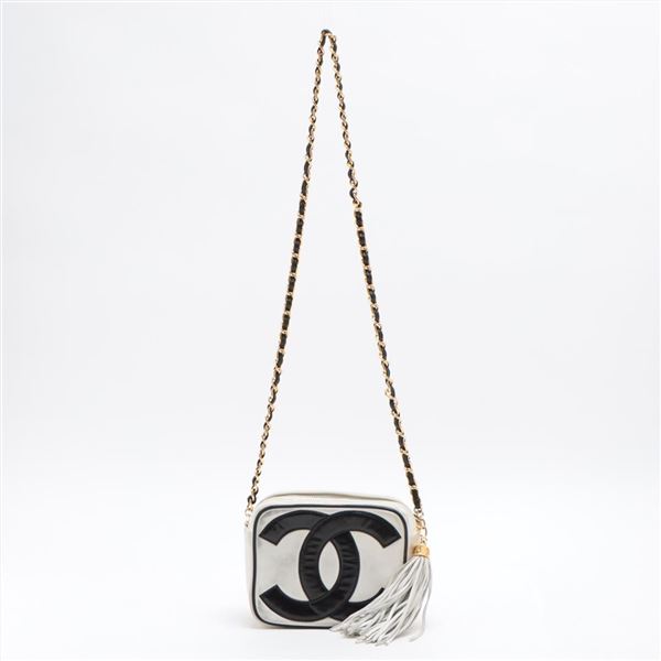 Chanel White Black Lambskin Leather CC Logo Coco Mark Crossbody Bag