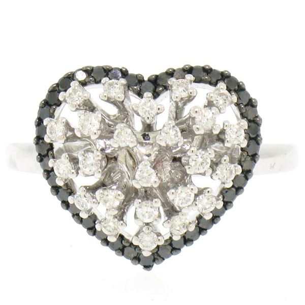 WOW 14k White Gold 1.02 ctw Black & White Diamond Burst Puffed Heart Cluster Rin