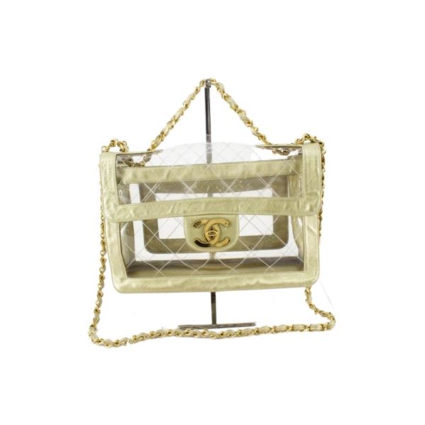 Chanel Clear Quilted Vinyl & Gold Leather Vintage Maxi Chain Shoulder Flap