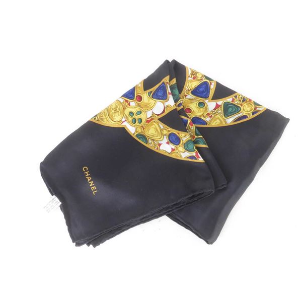 Chanel Black Jewelry Chain Gripoix Printed CC Logo Silk Scarf