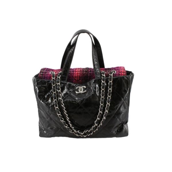 Chanel Black Quilted Glazed Calfskin and Tweed Portobello Shopping Tote Bag