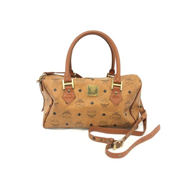 MCM Brown Monogram Visetos Canvas Leather Boston Bag