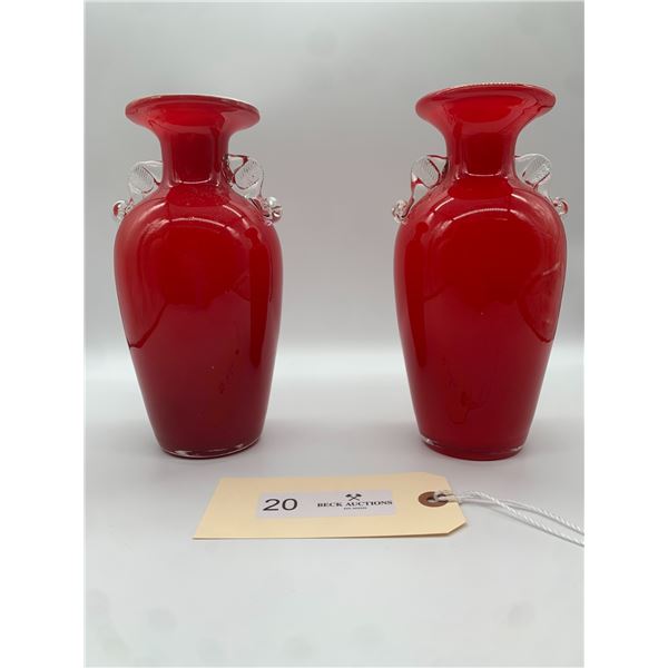 Pair of Mid Century Case Glass Snowflakes Vases Red and White With Clear Handles 8" Inches Tall