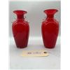 Image 1 : Pair of Mid Century Case Glass Snowflakes Vases Red and White With Clear Handles 8" Inches Tall