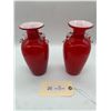 Image 2 : Pair of Mid Century Case Glass Snowflakes Vases Red and White With Clear Handles 8" Inches Tall