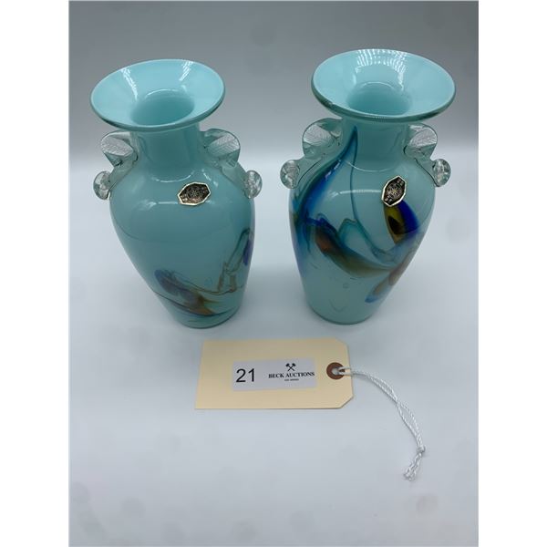 Pair of Mid Century Case Glass Snowflakes Lemonade Vases With Clear Handles 8" Inches Tall Labels