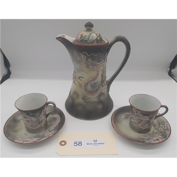 Hand Painted Japanese Dragonware Tea Set With Tea Pot and Two Tea Cups and Saucers
