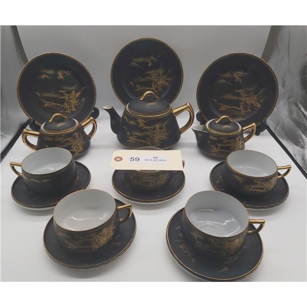 Vintage Black Japanese Satsuma Soko China Set Black and Gold Pagoda Lake Mountain Pattern