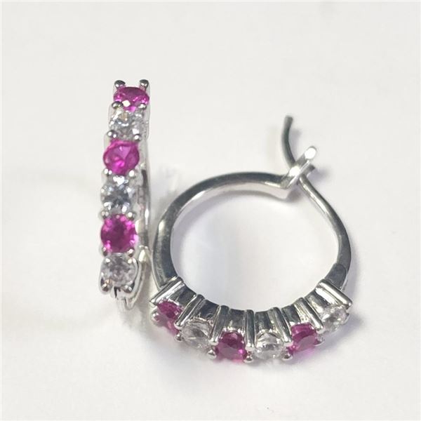 Silver Created Ruby Hoop Earrings (~Size )(Ring is resizable for $40) (~length inches), Suggested Re
