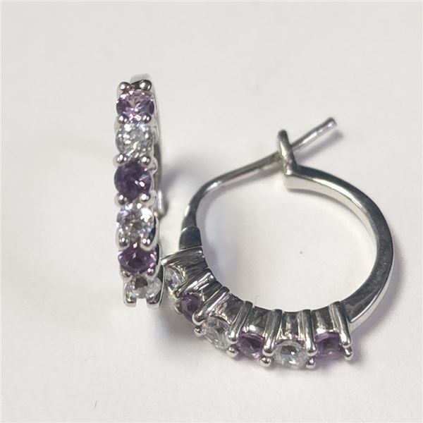 Silver Created Alexandrite Hoop Earrings (~Size )(Ring is resizable for $40) (~length inches), Sugge